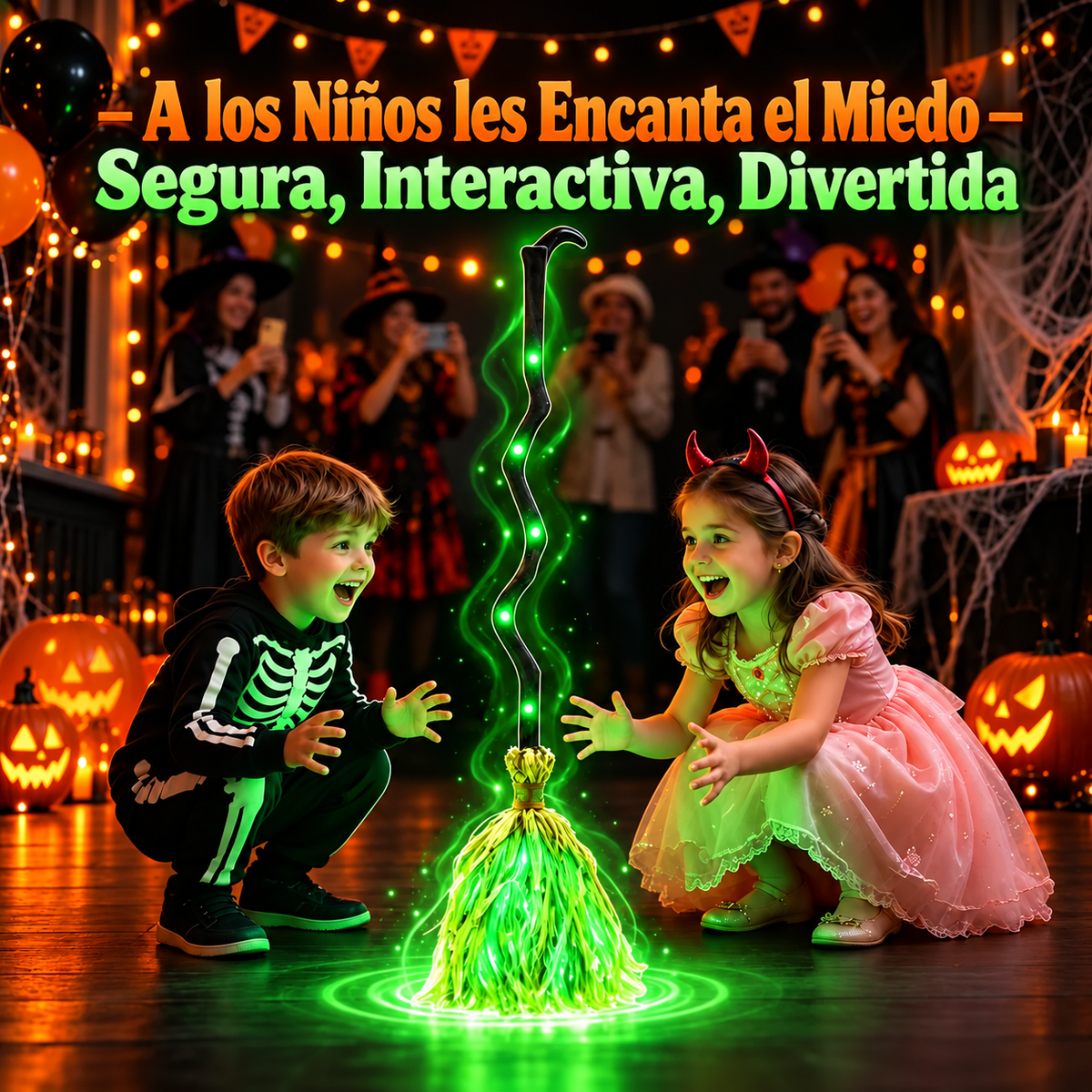 Escoba de bruja animada: se mueve, se ilumina y emite sonidos espeluznantes.