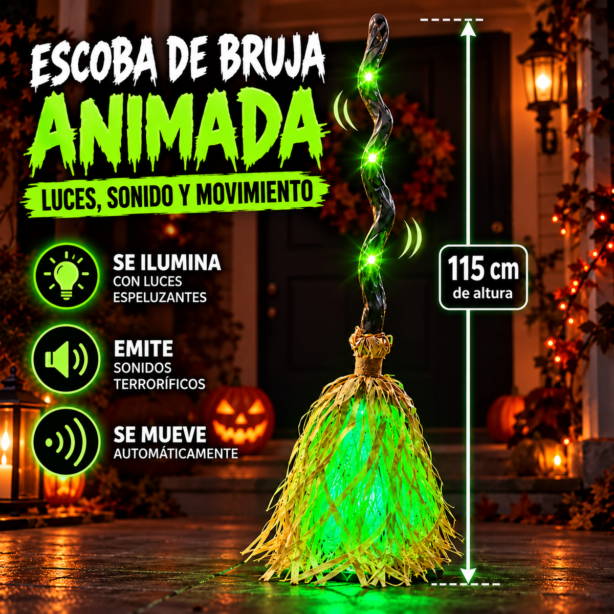Escoba de bruja animada: se mueve, se ilumina y emite sonidos espeluznantes.
