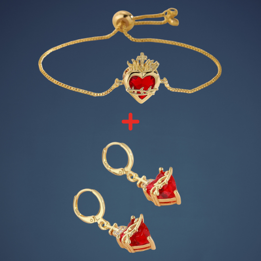 Pulsera (Ajustable) y Pendientes Sagrado Corazón de Jesús